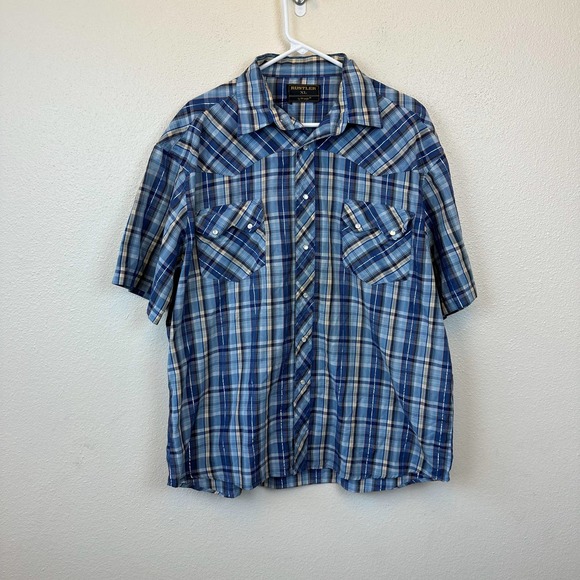 Vintage Rustler Wrangler Shirt Men Blue White Pearl Snap Short Sleeve Plaid XL - Picture 1 of 5